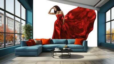 Woman Red Dress, Waving Flying Silk Fabric, Beauty Model, White Wall mural