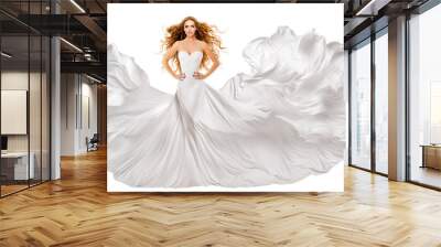 Woman White Long Dress. Red Hair Model in Wedding Gown. White Silk Fabric waving on Wind. Curly Redhead Flying Hairstyle. Isolated Background Wall mural