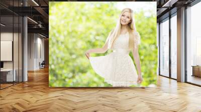 Woman White Summer Lace Dress, Young Girl Blond, Fashion Model Wall mural