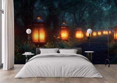 Eerie glowing lanterns along dark path Wall mural