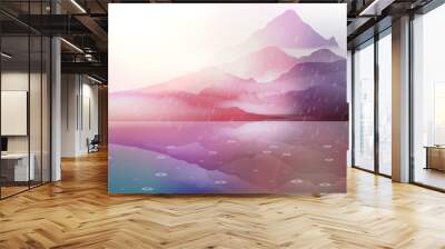 Mountain Landscape with Lake Reflection in Rain - Vector Illustr Wall mural