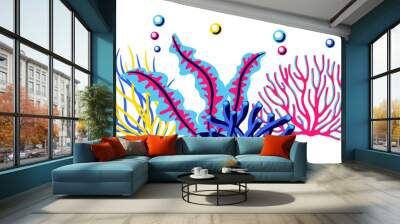 Background with sea algae and corals. Marine life aquarium and sea flora. Wall mural