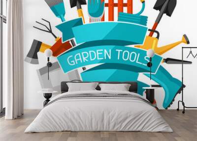 Concept background with garden tools and icons. All for gardening business illustration Wall mural