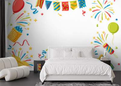 Frame with holiday decoration items. Color objects for celebration and anniversary. Wall mural