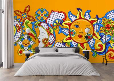 Mexican pattern with cute naive art items. Wall mural