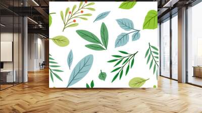 Seamless pattern of sprigs with green leaves. Decorative natural plants. Wall mural