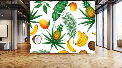 Seamless pattern with tropical fruits and leaves. Background made without clipping mask. Easy to use for backdrop, textile, wrapping paper Wall mural