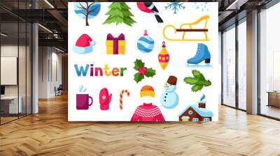 Set of winter objects. Merry Christmas, Happy New Year holiday items and symbols Wall mural