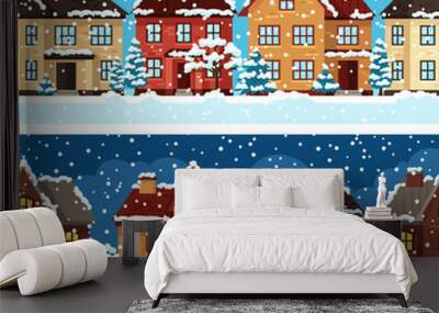 Winter urban landscape pattern with houses and trees Wall mural