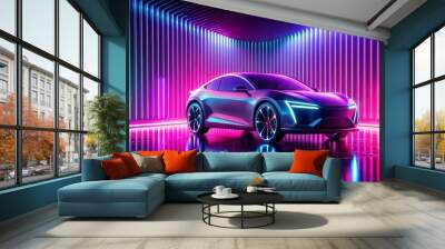 Futuristic Car in a Neon Lit Studio Wall mural