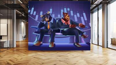 Bull and Bear cartoons with stock market chart Wall mural