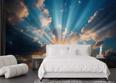 A Christian cross against the background of the rays of the setting sun and clouds. . Generated by AI. Wall mural