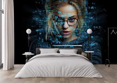 A girl with a smartphone communicates with the help of modern technologies and artificial intelligence. Digital clouThe concept of modern communication. Generated by AI. Wall mural