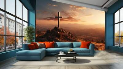 A religious Christian cross with a crucifix on the top of a mountain. Generated by AI.R Wall mural