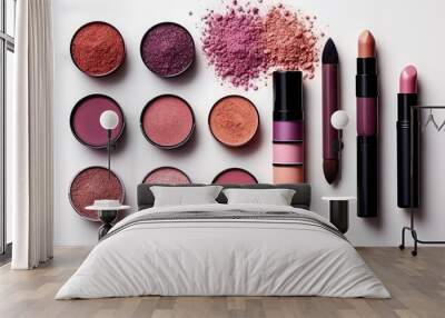 Makeup cosmetics, brushes and other essentials on white background top view. Created by Ai. Wall mural