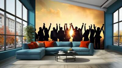 The business team rejoices at the event together in the office against the background of the rising sun. Generated by AI . Wall mural