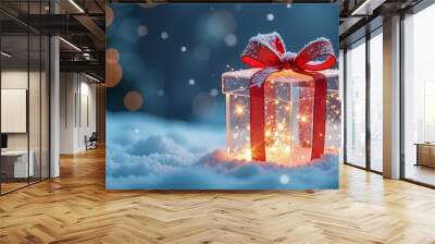 translucent gift box with glowing lights inside, tied with red ribbon bow, placed in snow outdoors, falling snow, nighttime, festive banner with copy space. holiday magic, spirit of giving, Christmas. Wall mural