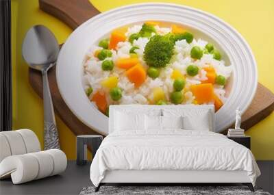 Delicious healthy vegetable basmati rice on yellow background Wall mural