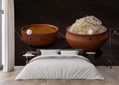 Indian Cuisine Jeera Rice With Dal Tadka Also Know As Cumin Rice on Vintage Wooden Background Wall mural