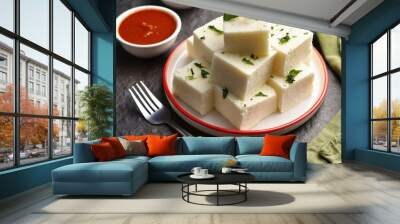 Indian food white khaman dhokla with chutney  Wall mural