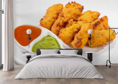 Indian Traditional Paneer Pakora or Pakoda Snacks on White Background Wall mural