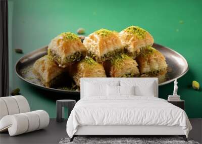 Turkish dessert pistachio baklava or kuru baklava on green background Wall mural