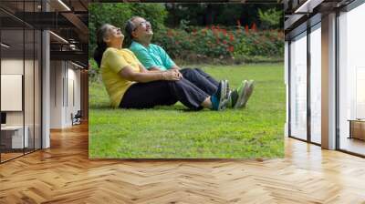 A SENIOR COUPLE SITTING TOGETHER AND LAUGHING WHILE EXERCISING  Wall mural