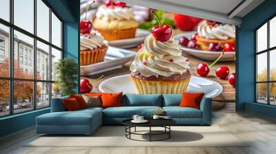 A closeup of a delicious cherry cupcake with whipped cream frosting, surrounded by fresh red cherries on a rustic wooden table Wall mural