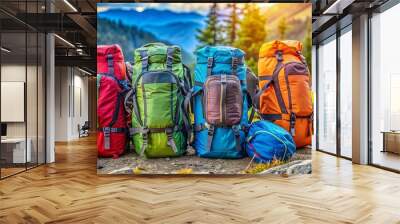 A colorful array of backpacks resting on a rocky mountainside, ready to embark on an adventure into the wild. Wall mural