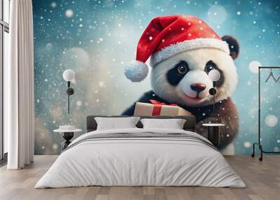 A cute panda holding a red gift box with a santa hat, with snow falling in the background Wall mural