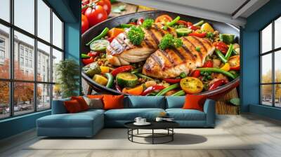 A delicious and colorful dish featuring pan-seared chicken and fresh vegetables, drizzled with savory sauce Wall mural