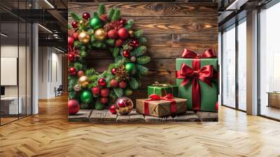 A festive Christmas wreath adorned with red and gold ornaments and pine cones, accompanied by three wrapped gifts with red ribbons, all set against a rustic wooden background. Wall mural