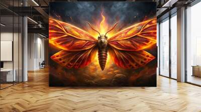 A fiery moth emerges from the ashes, its wings ablaze with an ethereal glow, a testament to resilience and rebirth. Wall mural