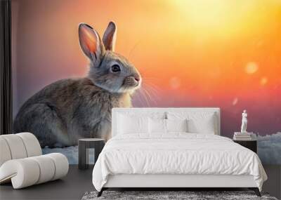 A fluffy grey rabbit sits in the snow, looking towards a beautiful sunset with a warm orange glow Wall mural