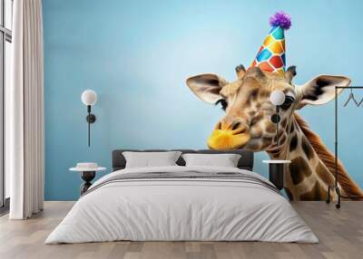 A playful giraffe wearing a colorful party hat on its head Wall mural