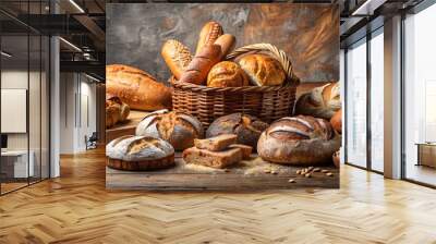 A Rustic Tabletop Display of Freshly Baked Bread with a Basket of Loaves and Scattered Nuts Wall mural