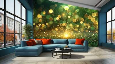 A shimmering expanse of golden glitter, a cascade of glowing orbs, and a backdrop of emerald green, creating a vibrant and festive scene. Wall mural