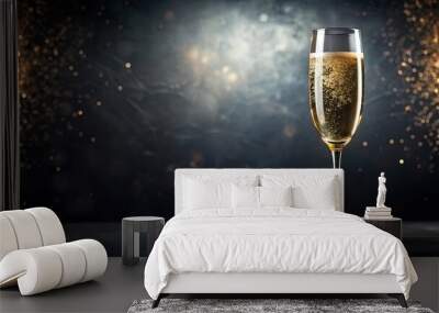 A single glass of champagne with effervescent bubbles, illuminated by a warm glow, on a dark background with golden bokeh lights. Wall mural