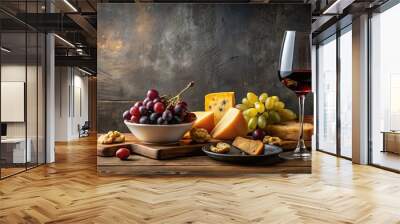 A stylish wine and cheese spread on two tables Wall mural