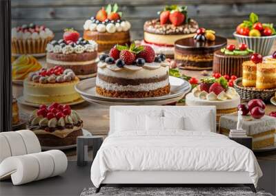 A variety of delicious cakes displayed on a table Wall mural