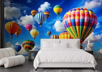 A vibrant spectacle of hot air balloons against a backdrop of fluffy white clouds and a clear blue sky. Wall mural