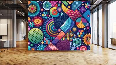 A vibrant tapestry of geometric patterns and abstract shapes, woven with bold colors and intricate details, creating a visually captivating and stimulating composition. Wall mural