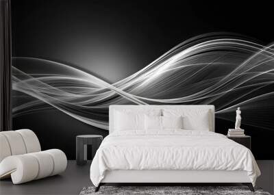 Abstract Black and White Flowing Lines of Light on a Dark Background Wall mural