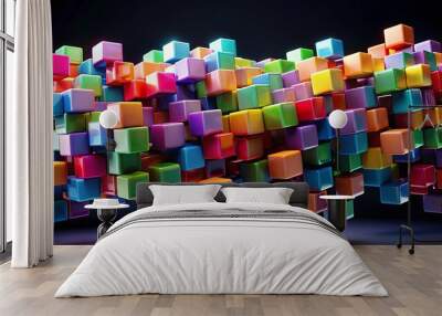 Abstract painting of multicolored cubes on black background Wall mural