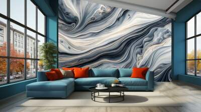 Acrylic fluid art in monochrome gray with flowing waves and stains on a marble background Wall mural