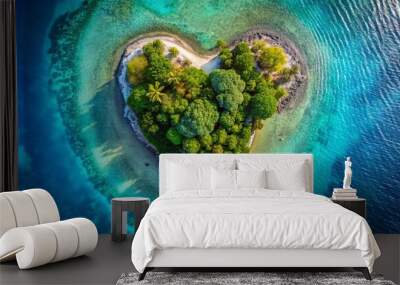 Aerial view of an exotic island shaped like a heart, perfect for love travel and romantic getaways Wall mural