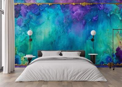 Close up of abstract painting with blue, purple, and green colors, gold border Wall mural