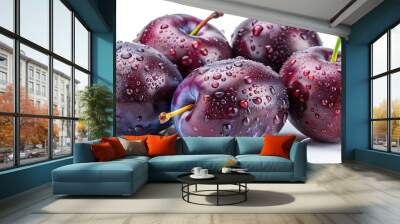 Close-up of fresh plums with water droplets, isolated on white background Wall mural