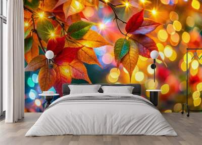 Close-up of vibrant leaves with twinkling lights in the background for nature enthusiasts Wall mural