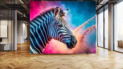 Close up of zebra with pink and blue background and dirt splash Wall mural